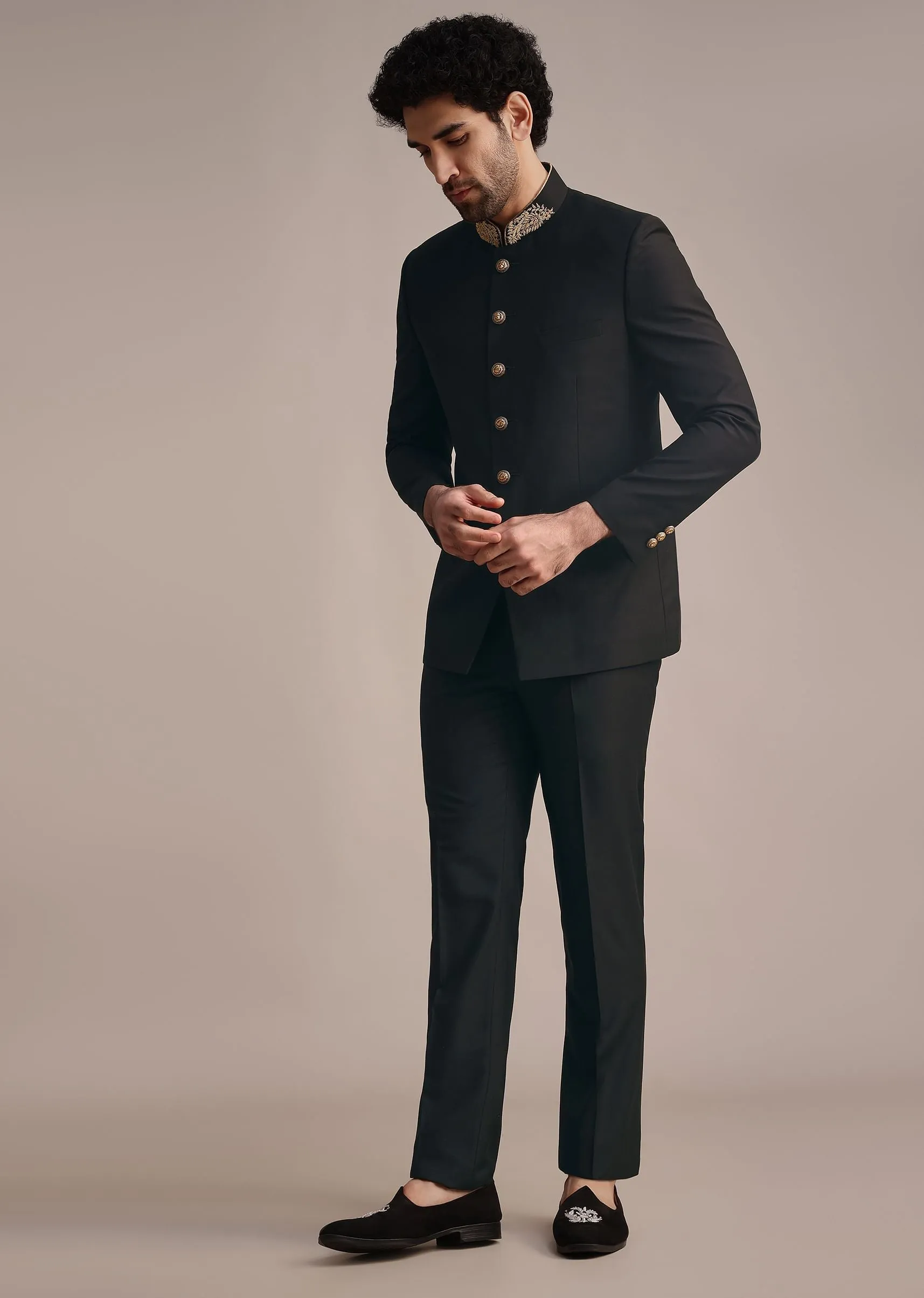 Black Rayon Jodhpuri Suit With Embroidered Collar