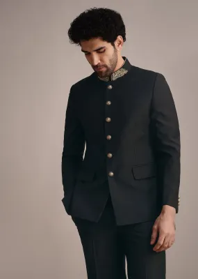 Black Rayon Jodhpuri Suit With Embroidered Collar
