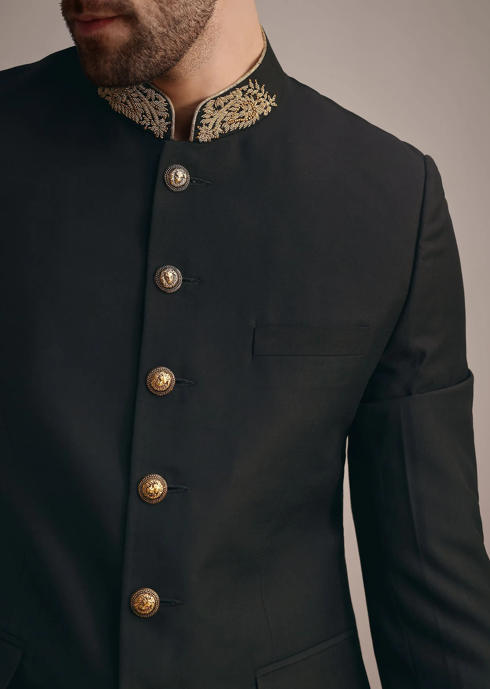 Black Rayon Jodhpuri Suit With Embroidered Collar