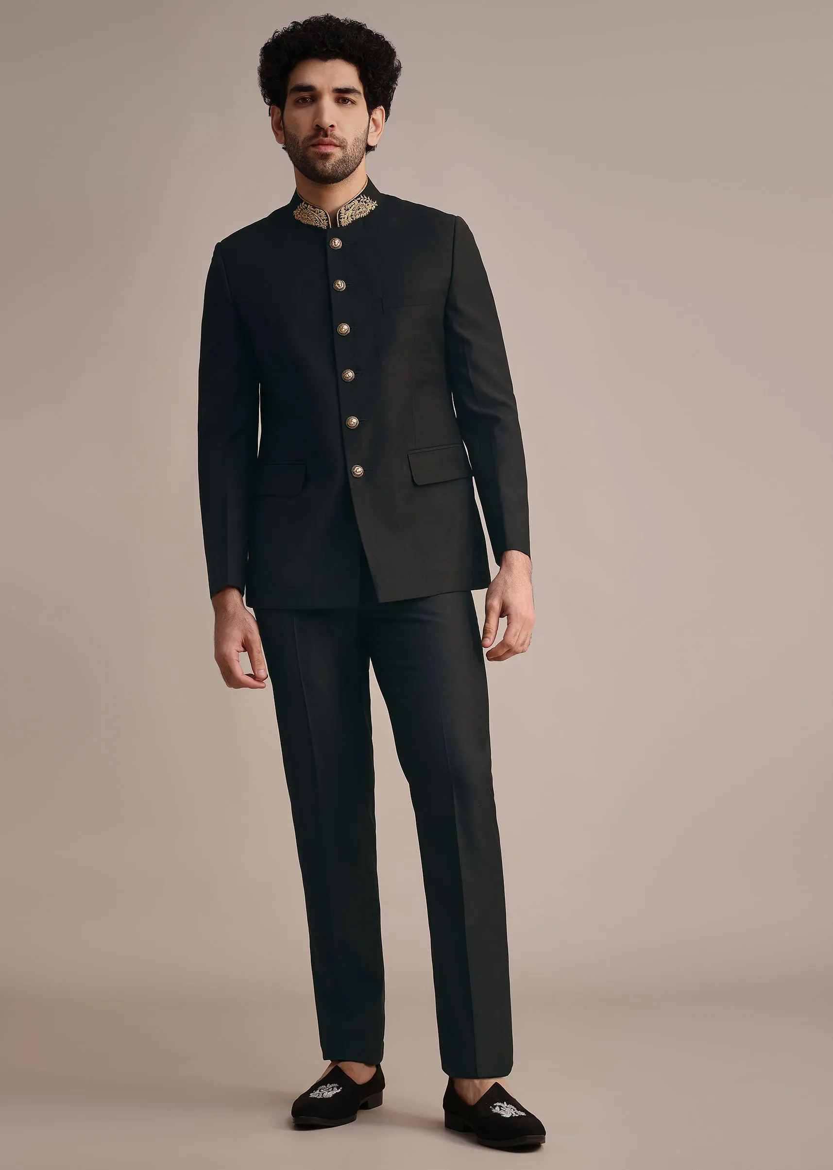Black Rayon Jodhpuri Suit With Embroidered Collar