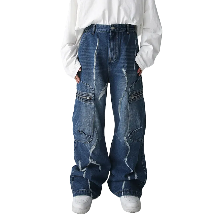 Blue Distressed Cargo Wide-Leg Jeans