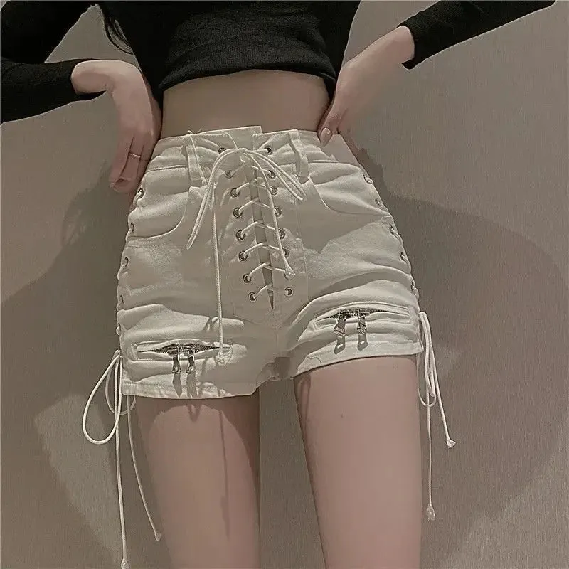 E-Girl Schnür-Shorts High Waist Denim mit Reißverschlussdetails