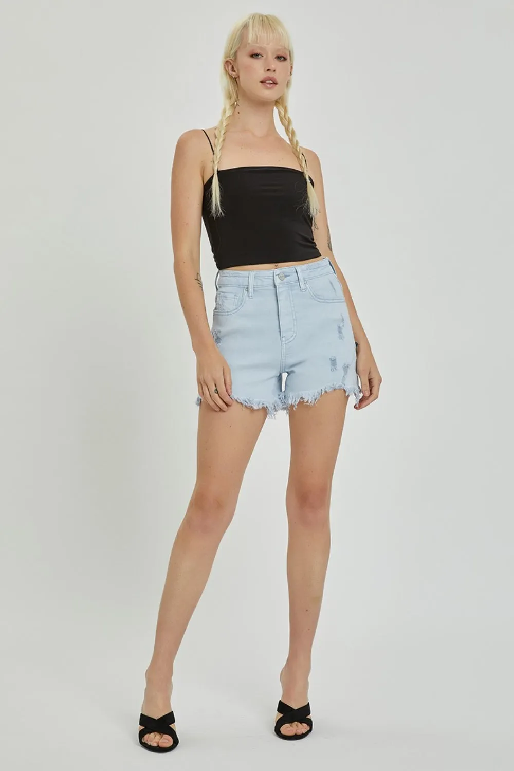 High Rise Distressed Detail Denim Shorts by Risen