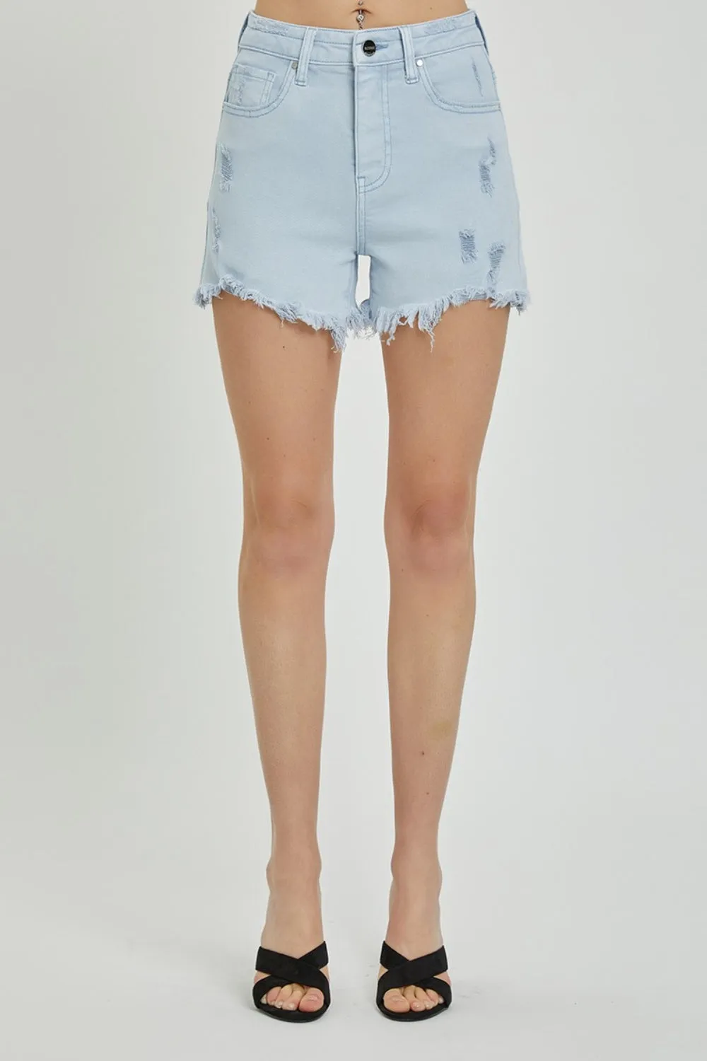 High Rise Distressed Detail Denim Shorts by Risen