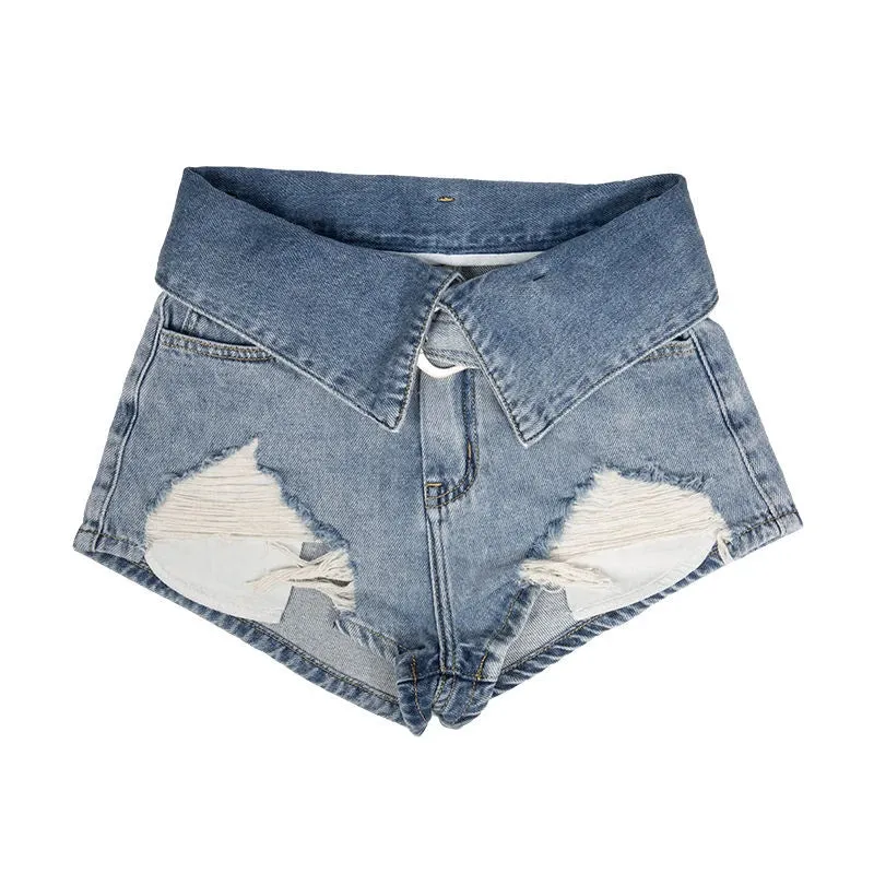 Hochtaillierte Zerrissene Jeans-Shorts im Y2K-Stil für Damen