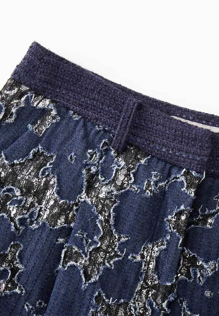 Reconstructed Denim Lace Wide Leg Pants