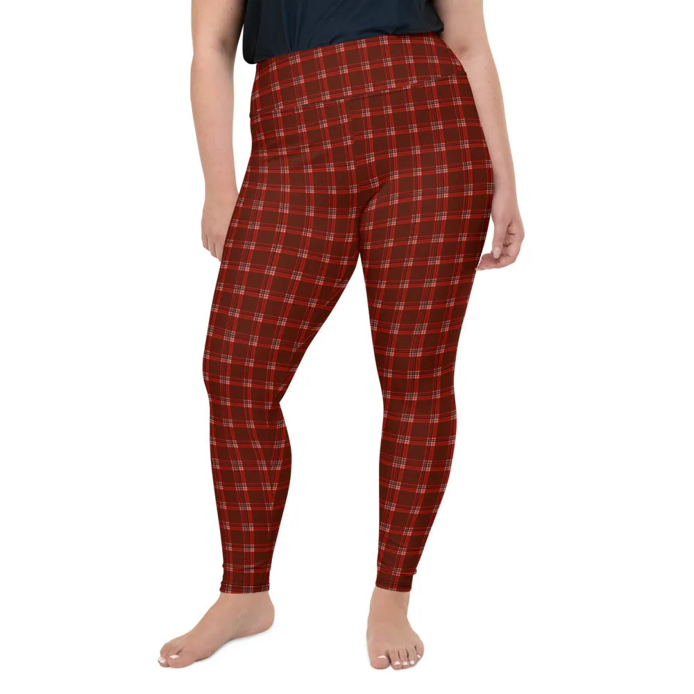 Red Plaid Plus Size Leggings, Dark Red Tartan Classic Women's Yoga Tights-Made in USA/EU