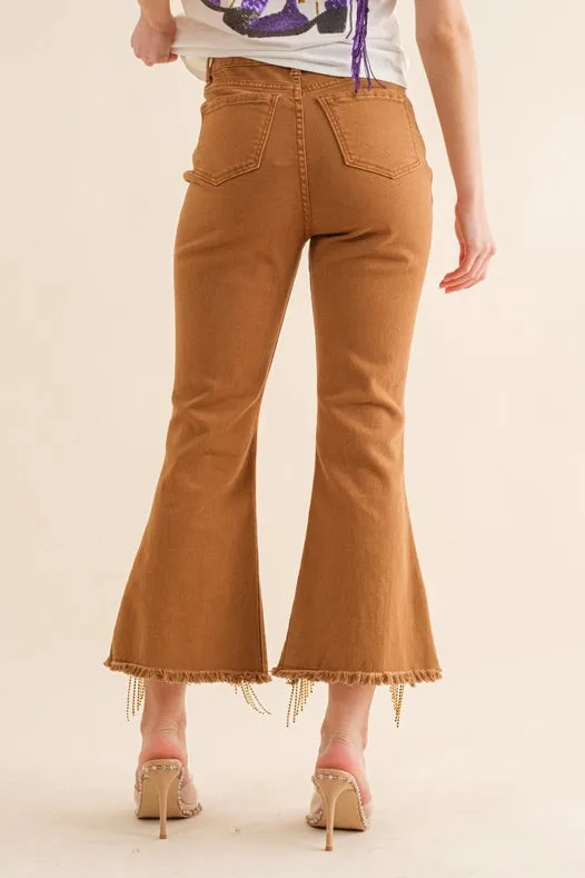 Stretch Twill Distressed Knee Fringe Leg Jeans