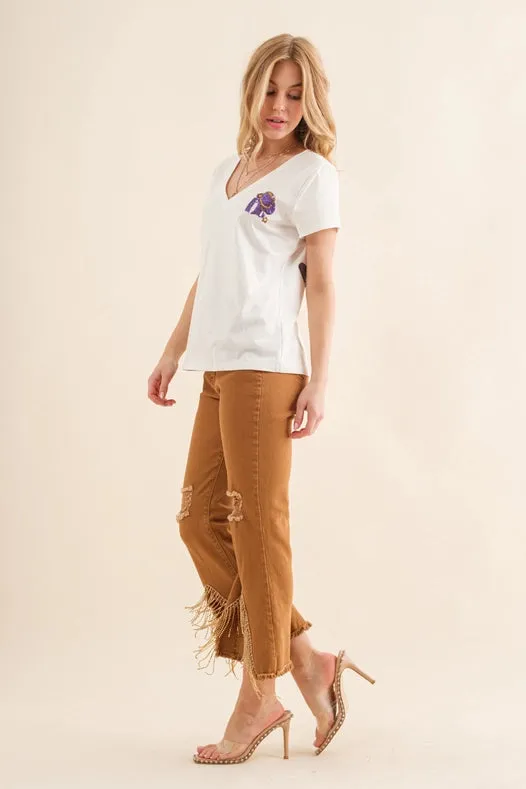 Stretch Twill Distressed Knee Fringe Leg Jeans