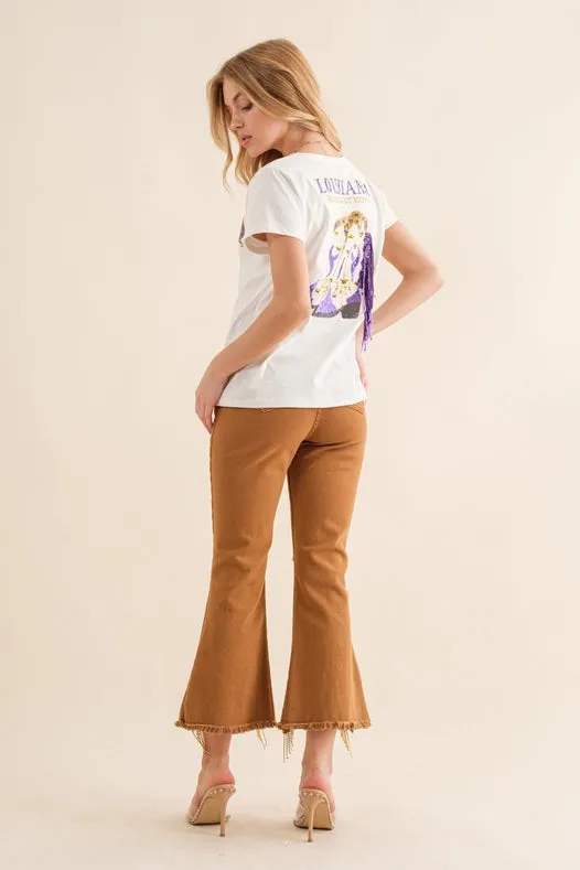 Stretch Twill Distressed Knee Fringe Leg Jeans