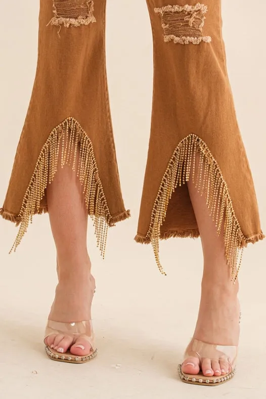 Stretch Twill Distressed Knee Fringe Leg Jeans