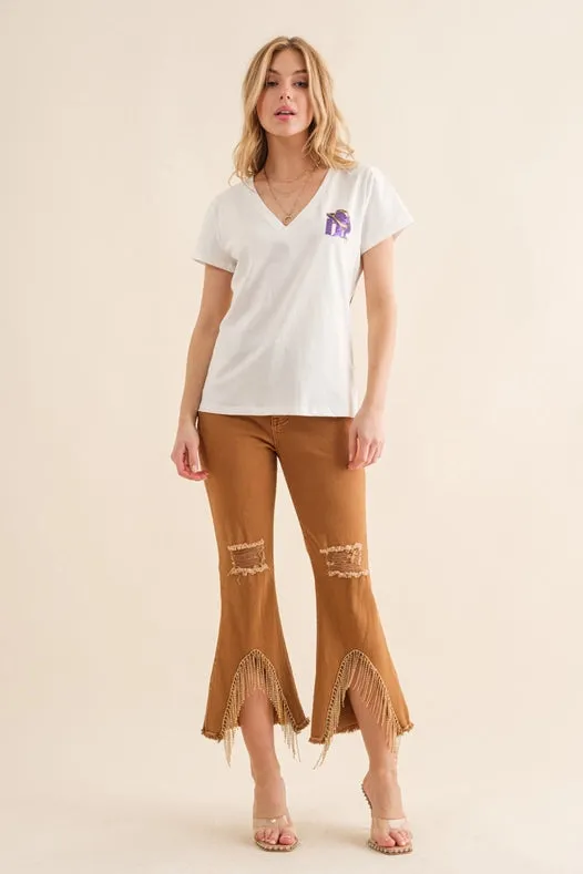 Stretch Twill Distressed Knee Fringe Leg Jeans