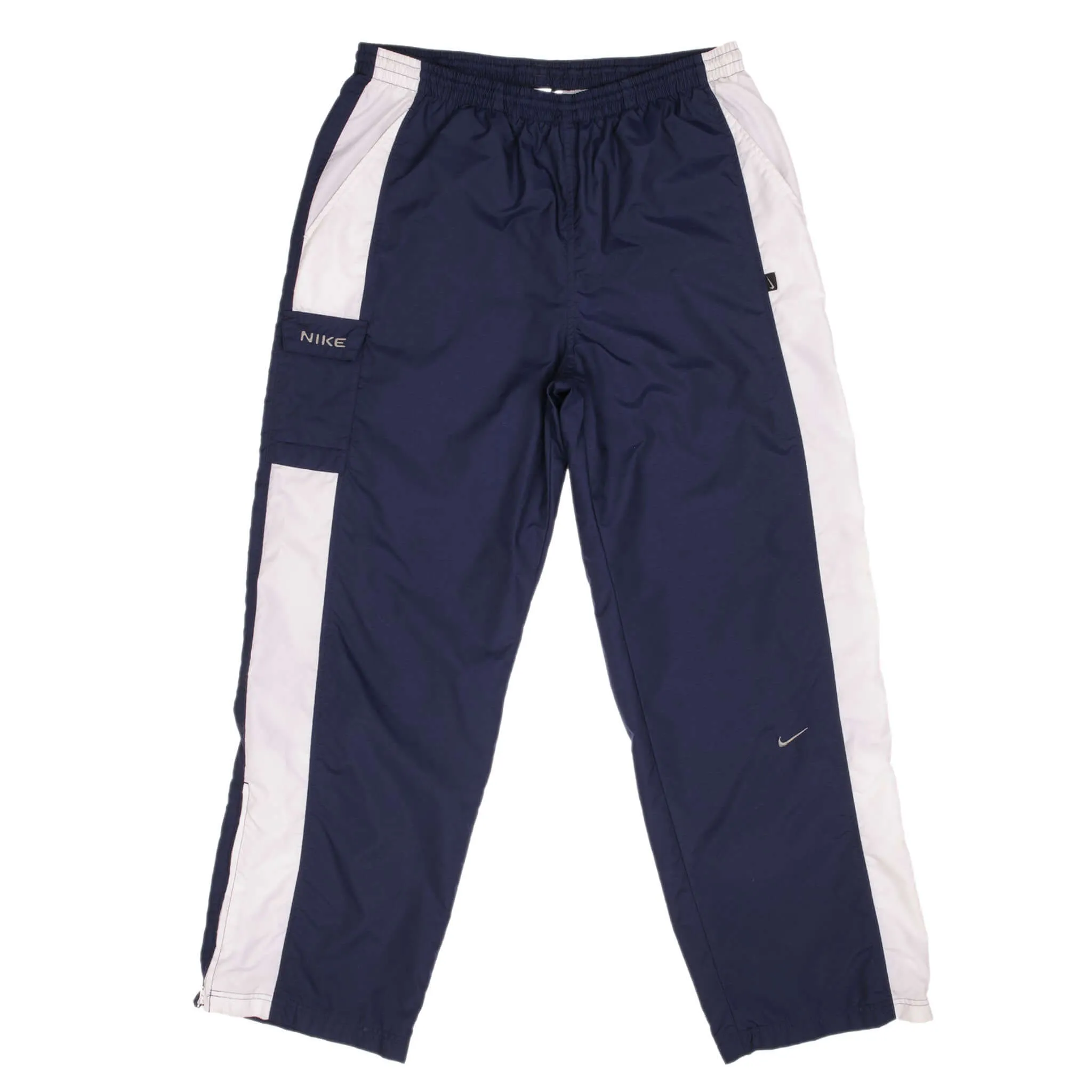 VINTAGE NIKE WHITE AND BLUE NYLON TRACK PANTS 2000S SIZE LARGE