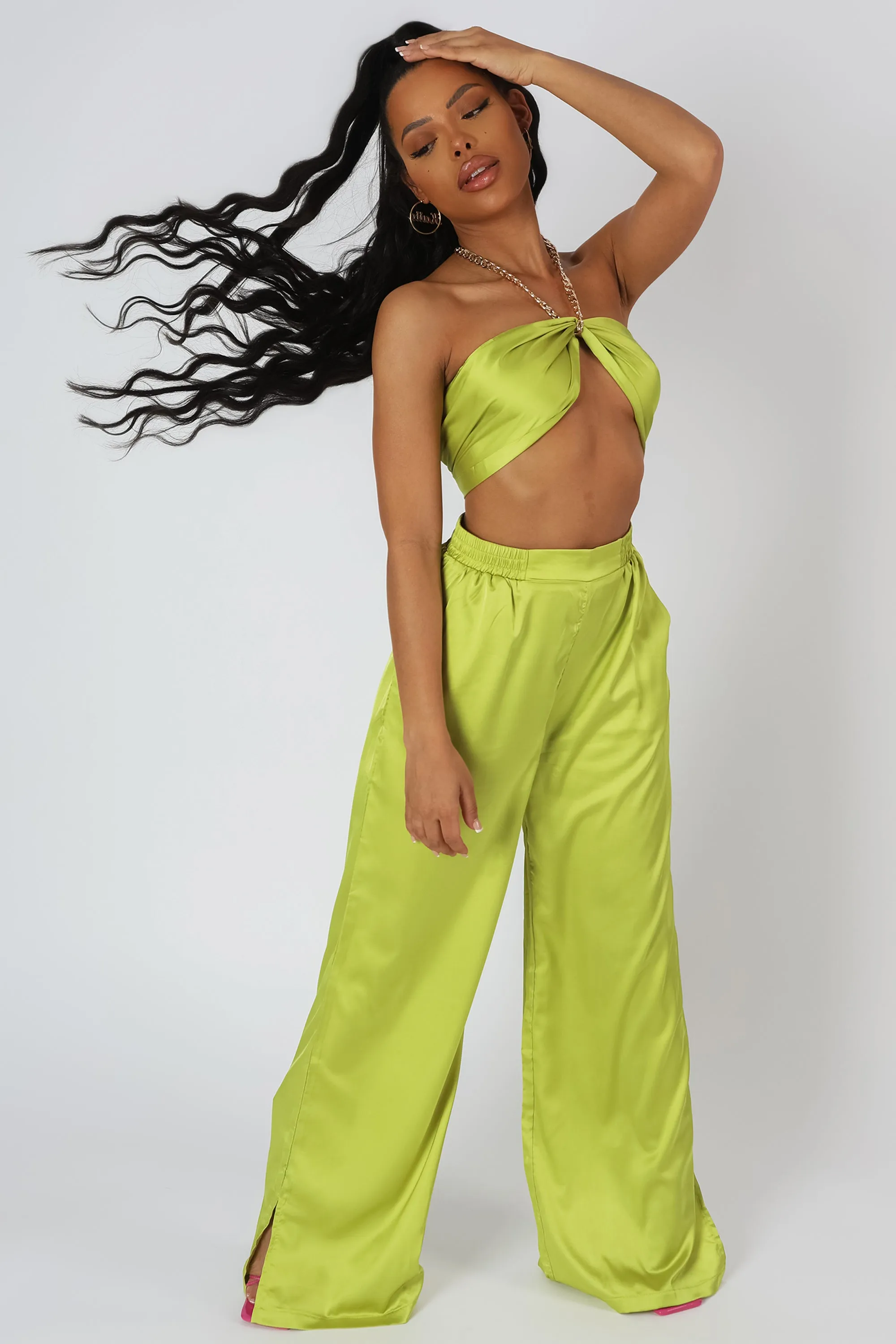 Wide Leg Satin Trousers Lime